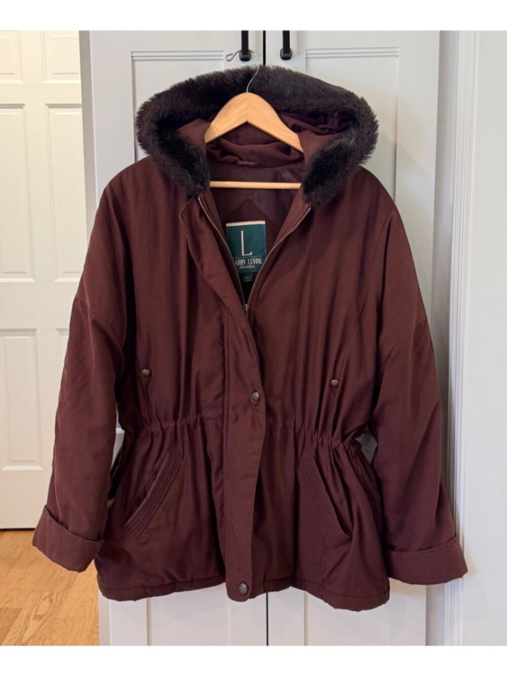 Vintage 90s Y2K Brown Winter Parka Coat Black Faux Fur Lined Hood Womens Large